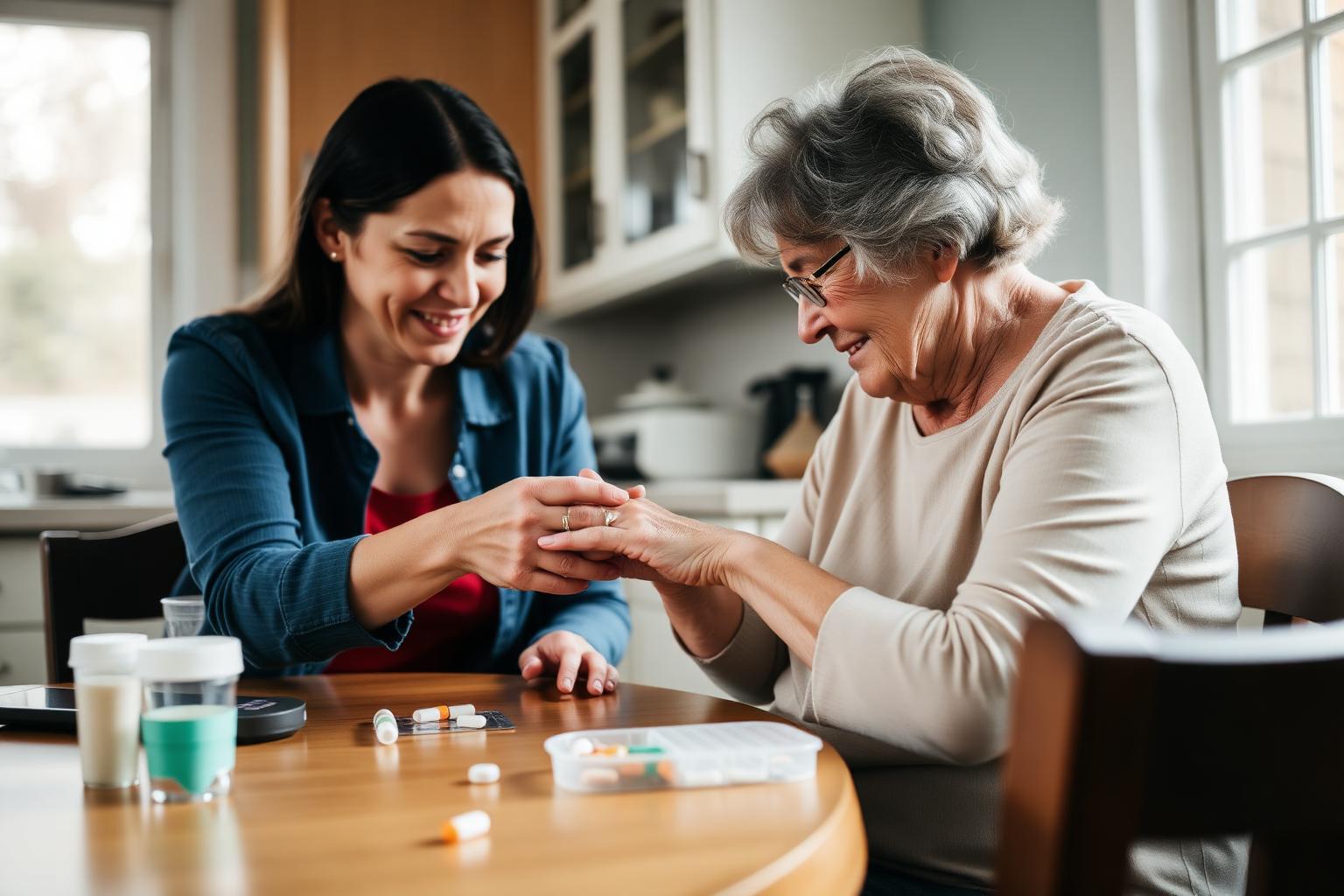 An adult daughter helping her elderly mother organize medication at a kitchen table.