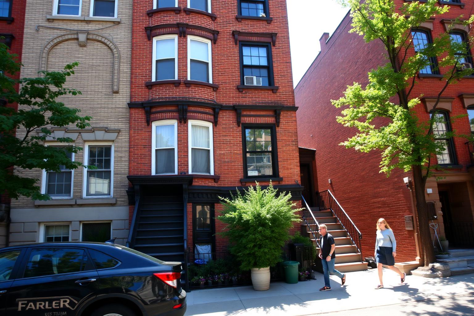Sunlit row of brownstone apartment buildings on a quiet New York neighborhood street.