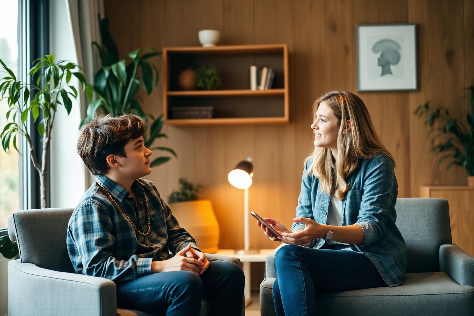 A teenager talking with a mental health counselor in a warm, plant-filled office.