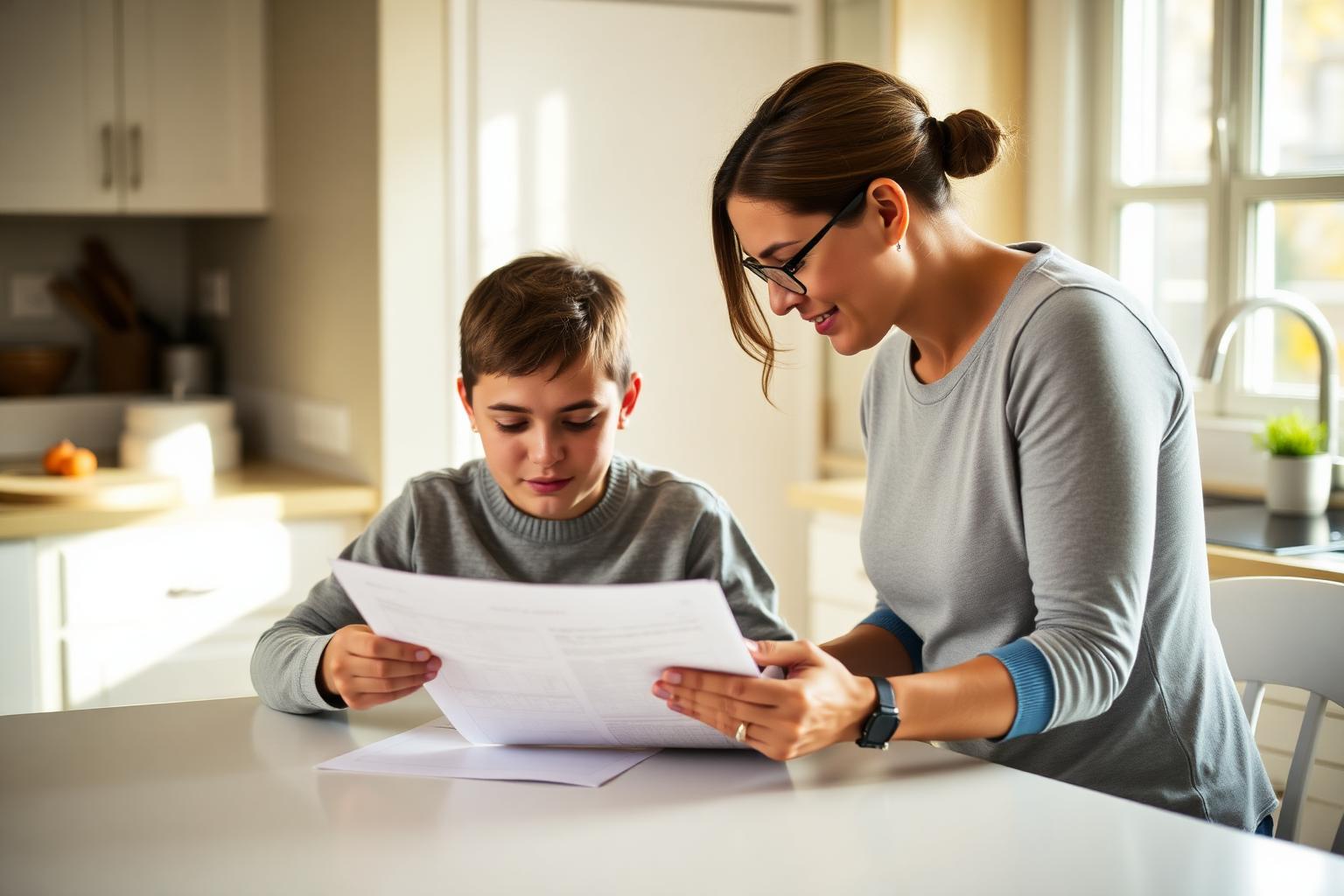 A young adult and their support coordinator reviewing OPWDD paperwork at a kitchen table.