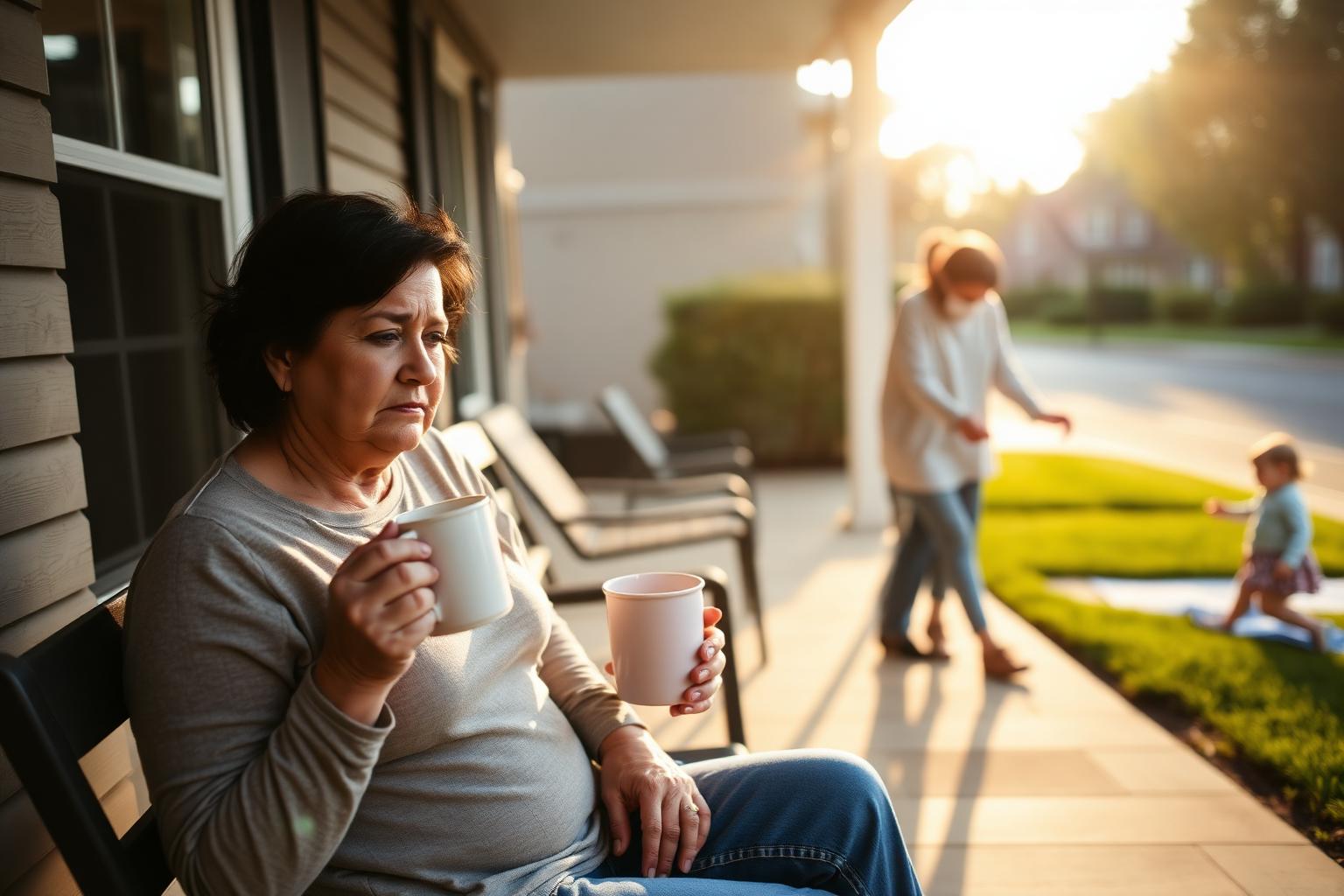 A tired caregiver takes a quiet moment on the porch while a respite worker plays with her child in the yard.