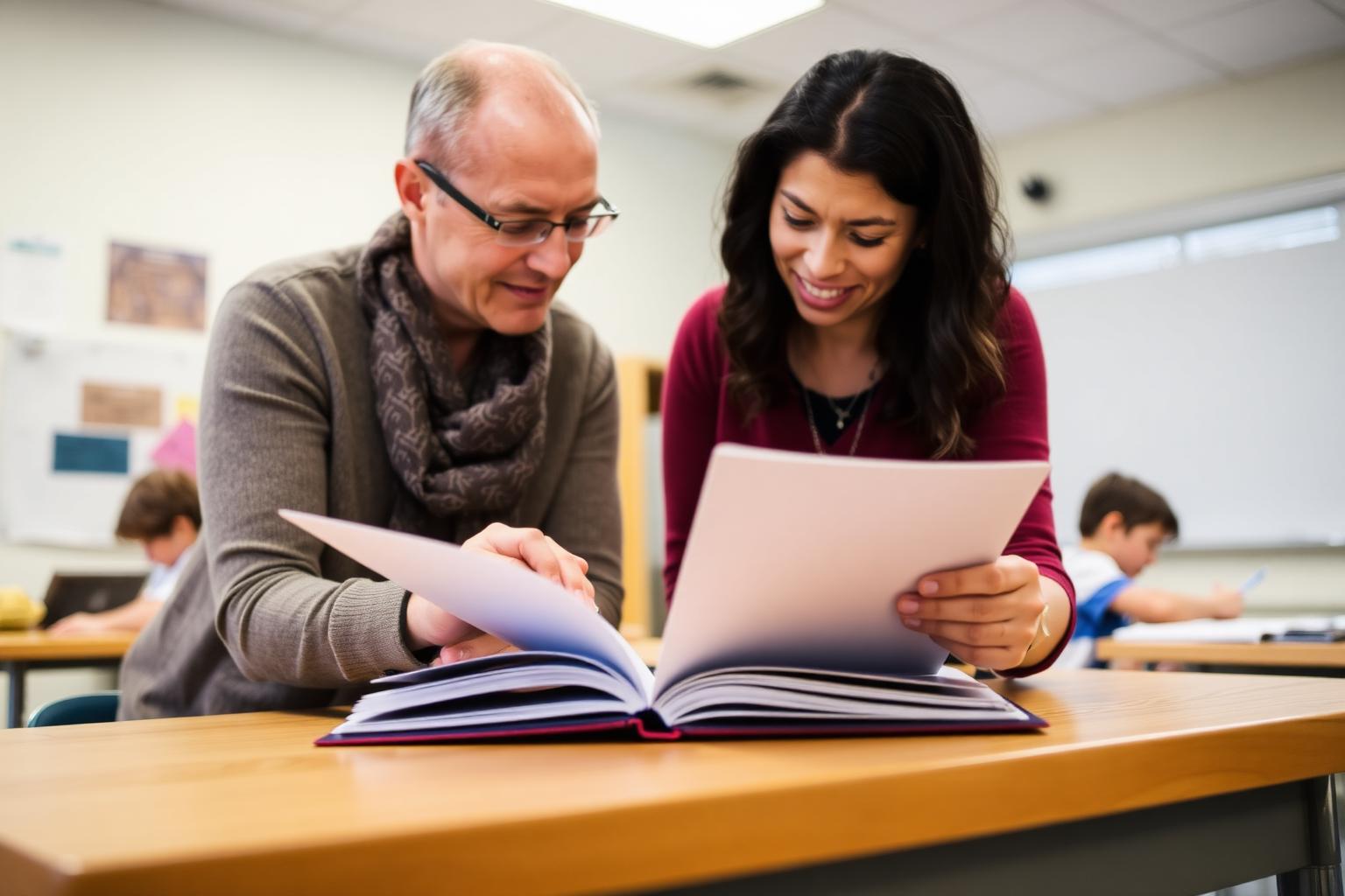 A parent and a special education teacher reviewing an IEP binder together in a bright classroom.